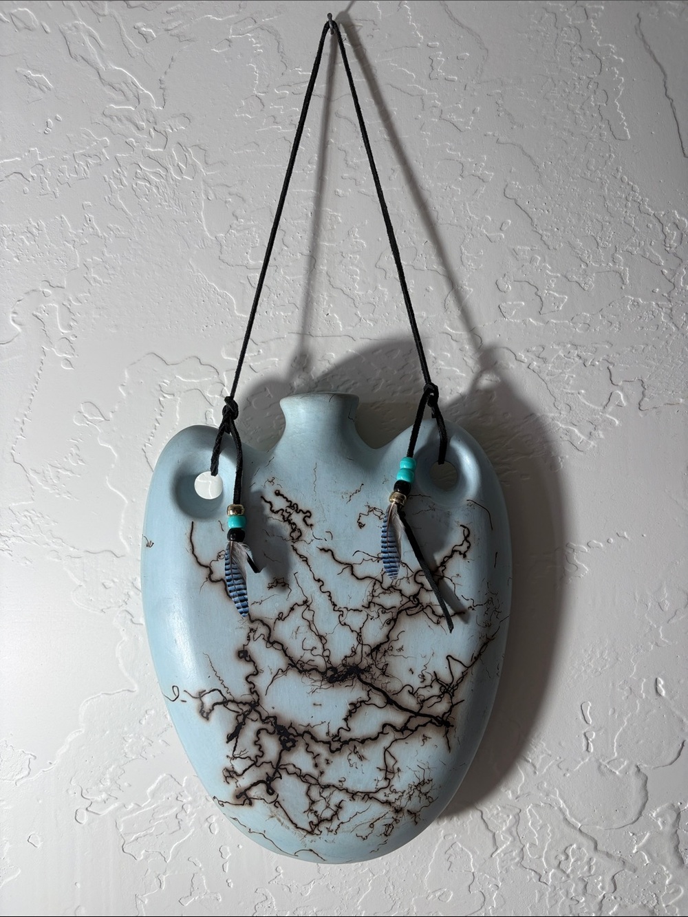 Light Turquoise Hanging Vase Whipped w/ Burnt Horse Hair w/ Blue Bird Feathers